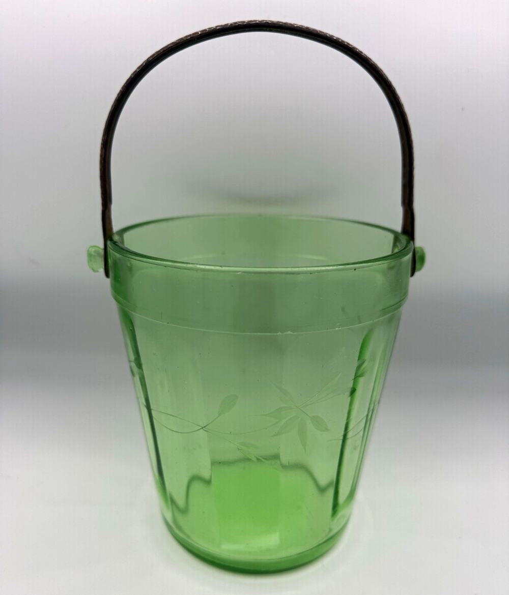 Green Glass Etched Floral Round Ice Bucket w/ Handle 6" Dia x 5" H